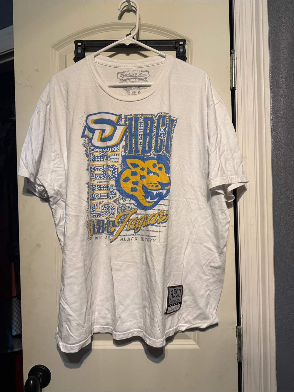 Mitchell & Ness White Jaguars Graphic Tee with Blue and Yellow Print